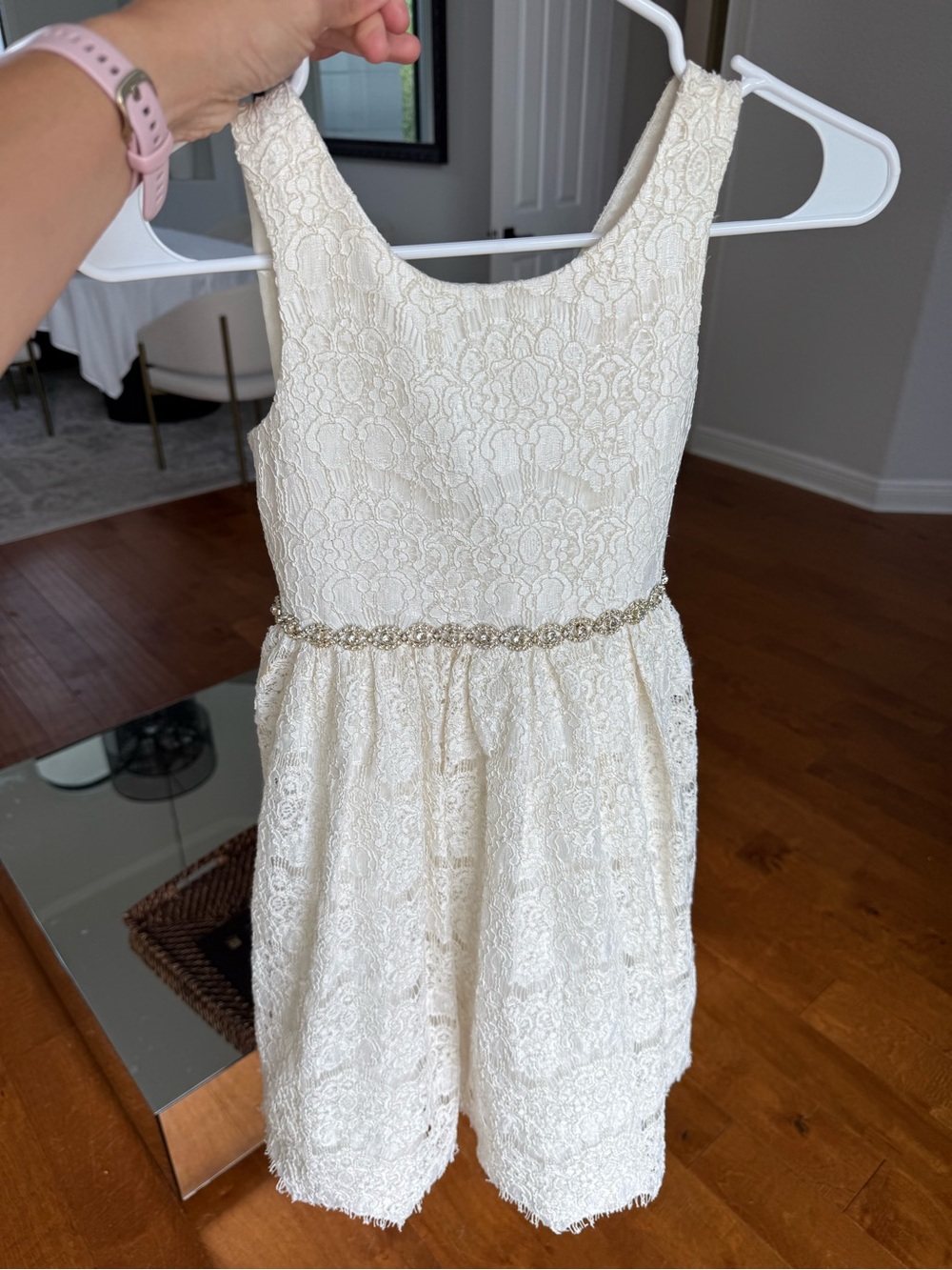 Ivory Lace Sleeveless Dress with Beaded Waist
